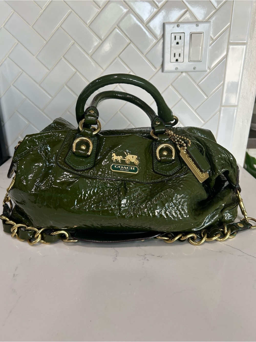Coach Olive Green Patent Leather Satchel with Chain Strap